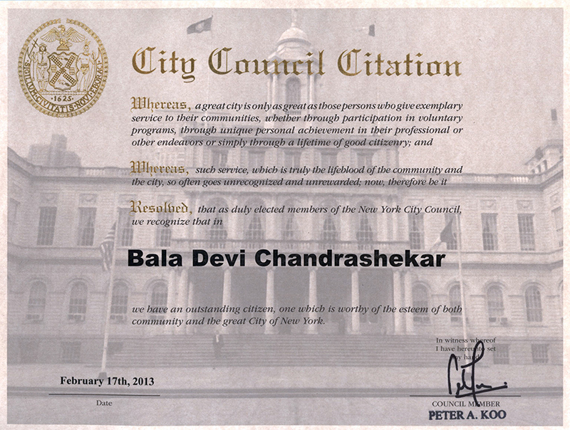 New York City Council Citation - Baladevi - Bharatanatyam Teacher New Jersey