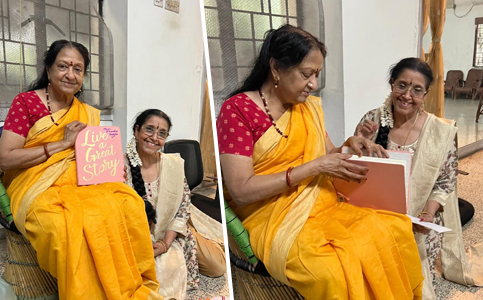 Dancer Bala Devi Chandrashekar presenting a traditional gift to her guru Dr Padma Subrahmanyam in a gesture of deep gratitude.