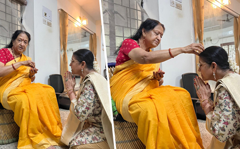 Bharatanatyam dancer Bala Devi Chandrashekar receiving traditional blessings from her guru Dr Padma Subrahmanyam.